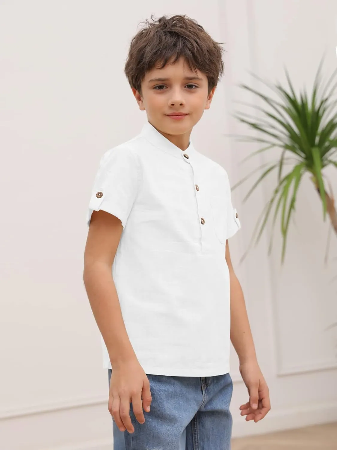 Boys Short Sleeve Henley Shirt Button Up Linen Cotton Dress Shirts Tees Tops with One Pocket