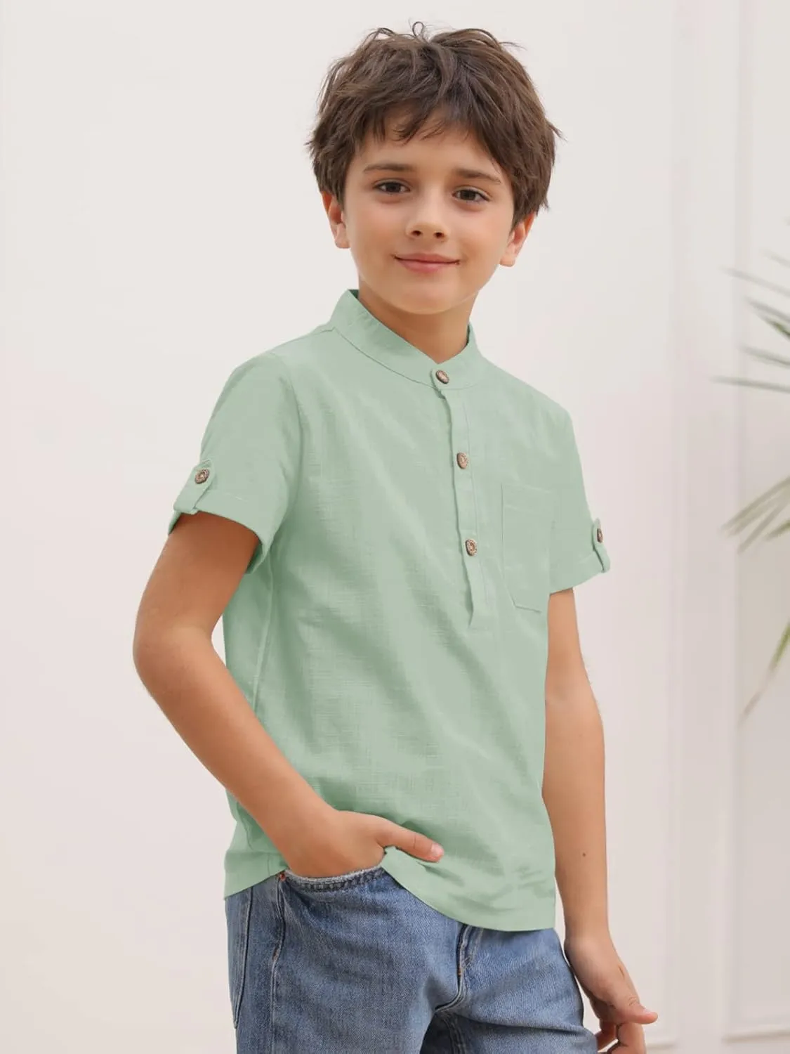 Boys Short Sleeve Henley Shirt Button Up Linen Cotton Dress Shirts Tees Tops with One Pocket