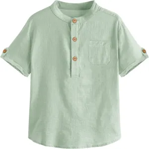 Boys Short Sleeve Henley Shirt Button Up Linen Cotton Dress Shirts Tees Tops with One Pocket