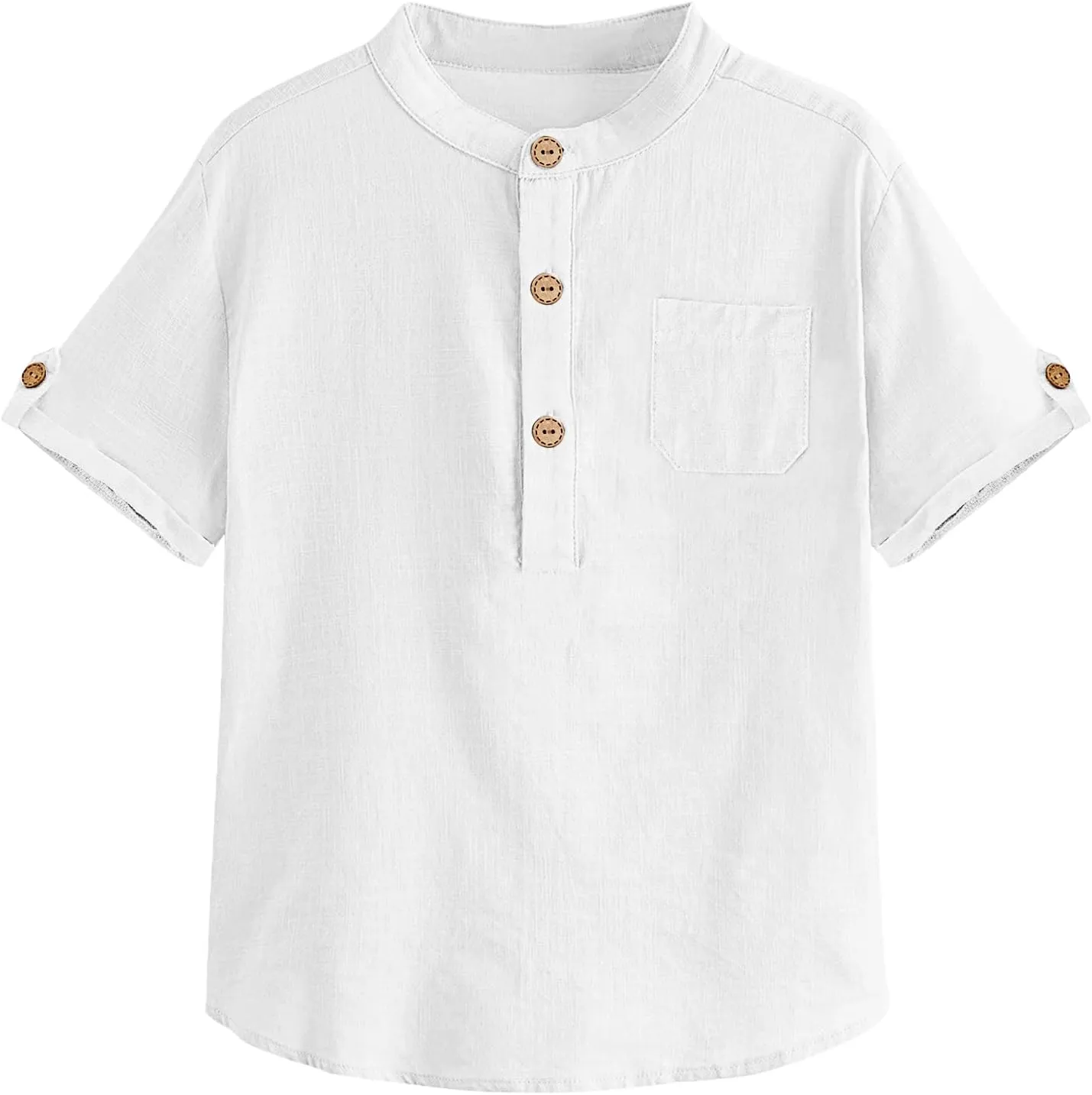 Boys Short Sleeve Henley Shirt Button Up Linen Cotton Dress Shirts Tees Tops with One Pocket