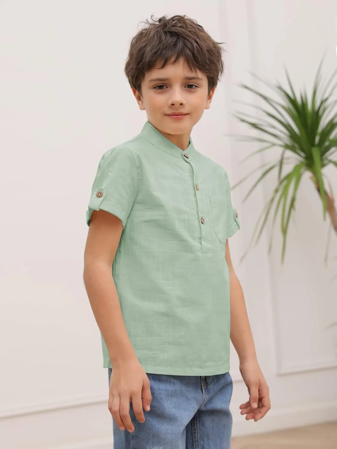 Boys Short Sleeve Henley Shirt Button Up Linen Cotton Dress Shirts Tees Tops with One Pocket