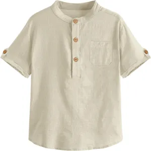 Boys Short Sleeve Henley Shirt Button Up Linen Cotton Dress Shirts Tees Tops with One Pocket