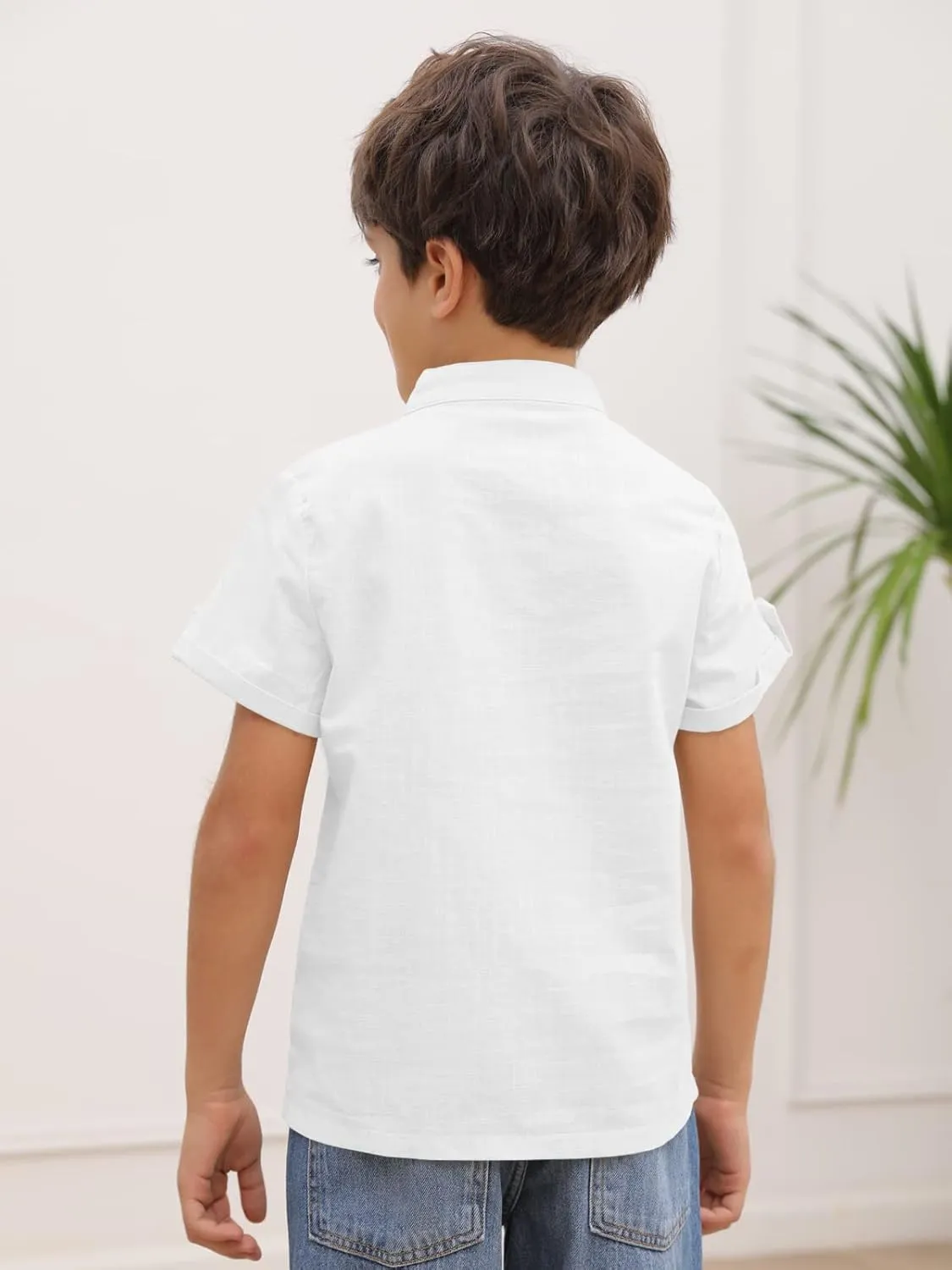 Boys Short Sleeve Henley Shirt Button Up Linen Cotton Dress Shirts Tees Tops with One Pocket