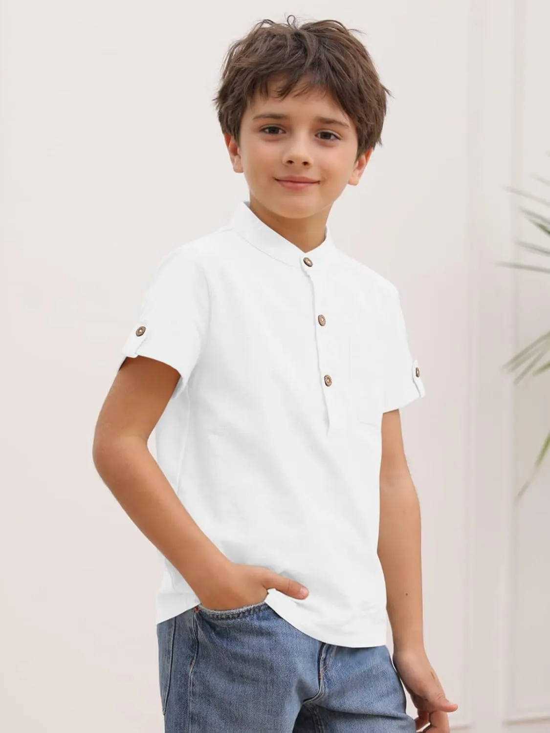 Boys Short Sleeve Henley Shirt Button Up Linen Cotton Dress Shirts Tees Tops with One Pocket