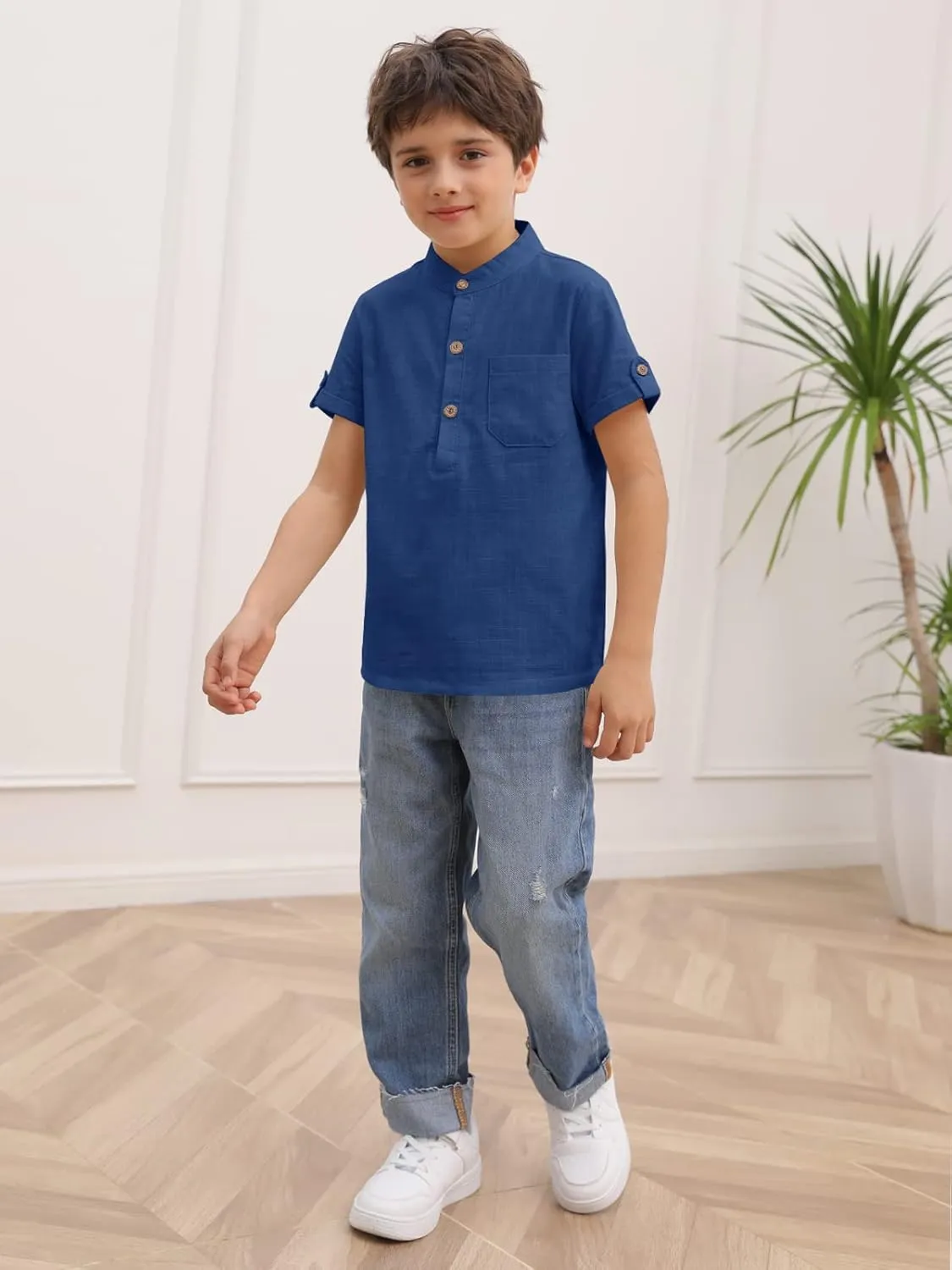 Boys Short Sleeve Henley Shirt Button Up Linen Cotton Dress Shirts Tees Tops with One Pocket