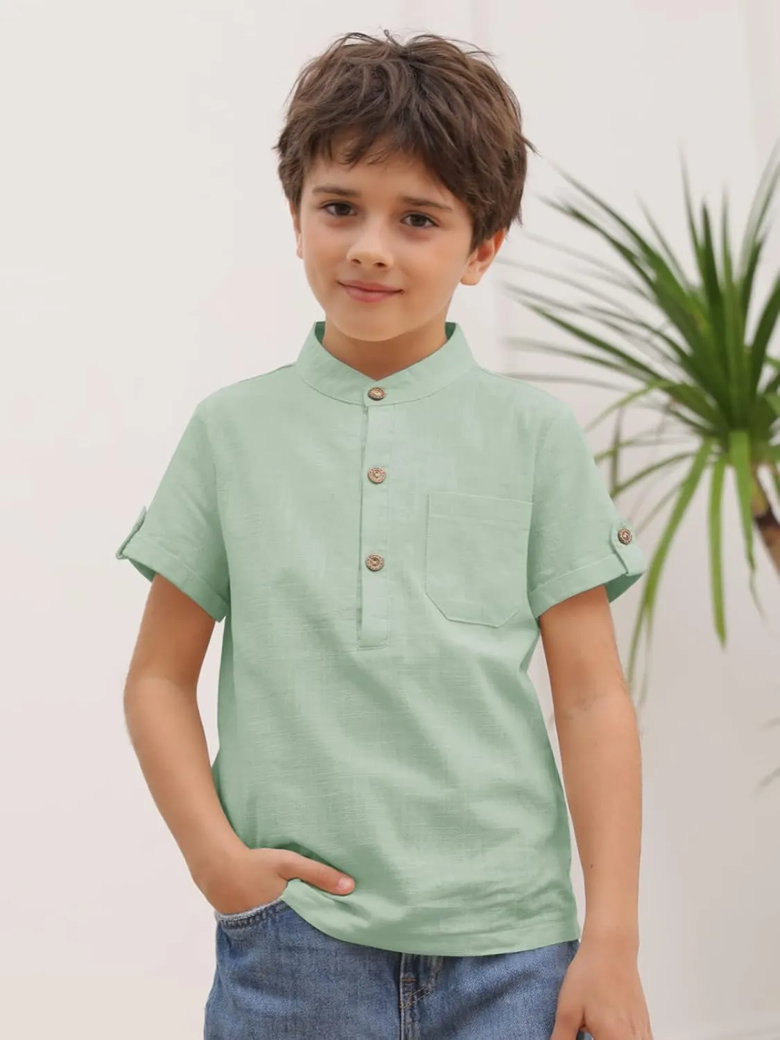 Boys Short Sleeve Henley Shirt Button Up Linen Cotton Dress Shirts Tees Tops with One Pocket