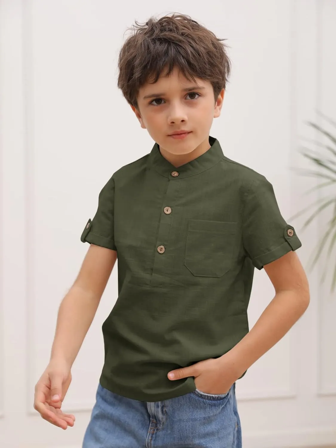 Boys Short Sleeve Henley Shirt Button Up Linen Cotton Dress Shirts Tees Tops with One Pocket