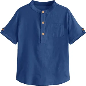 Boys Short Sleeve Henley Shirt Button Up Linen Cotton Dress Shirts Tees Tops with One Pocket