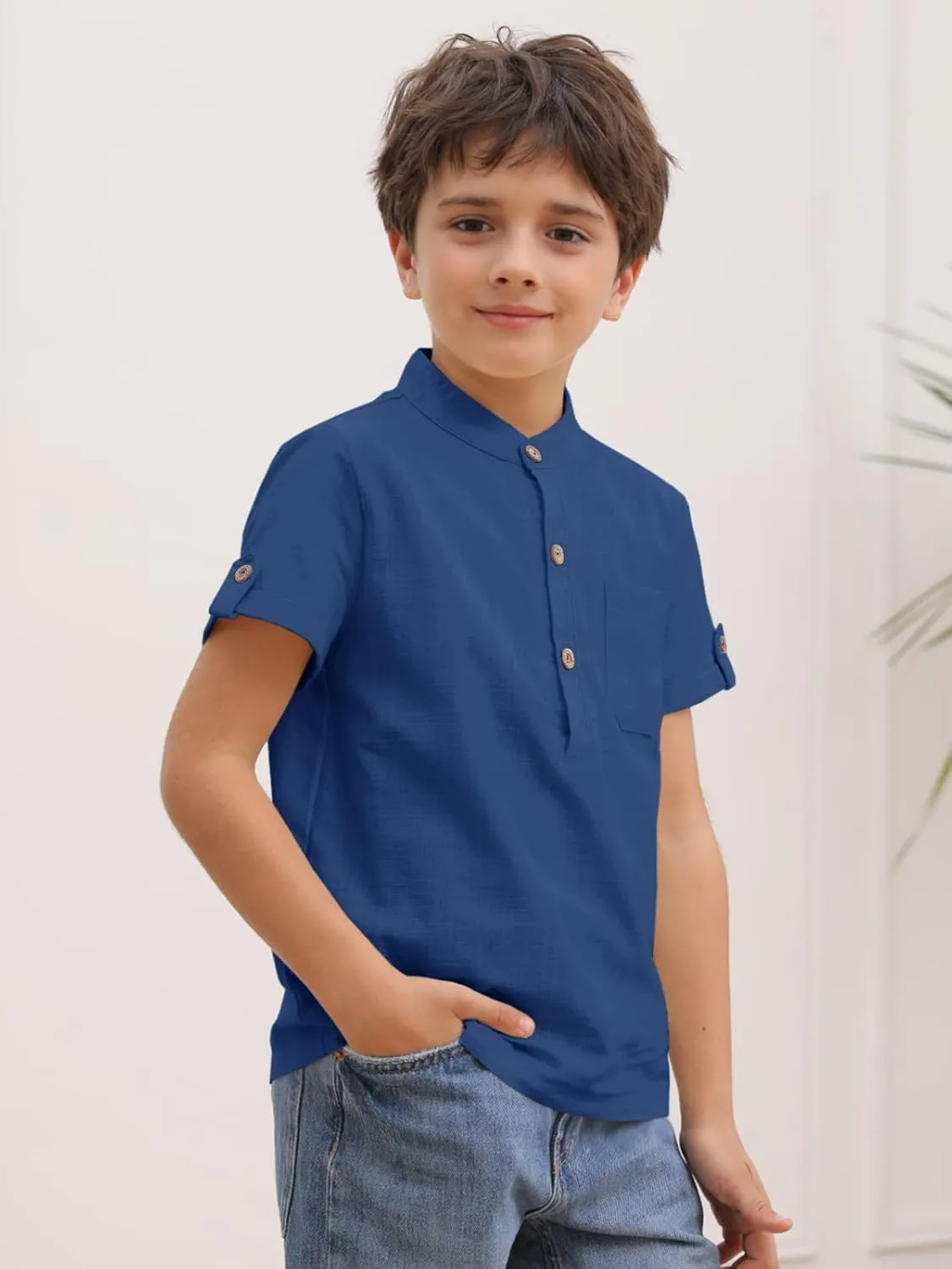 Boys Short Sleeve Henley Shirt Button Up Linen Cotton Dress Shirts Tees Tops with One Pocket