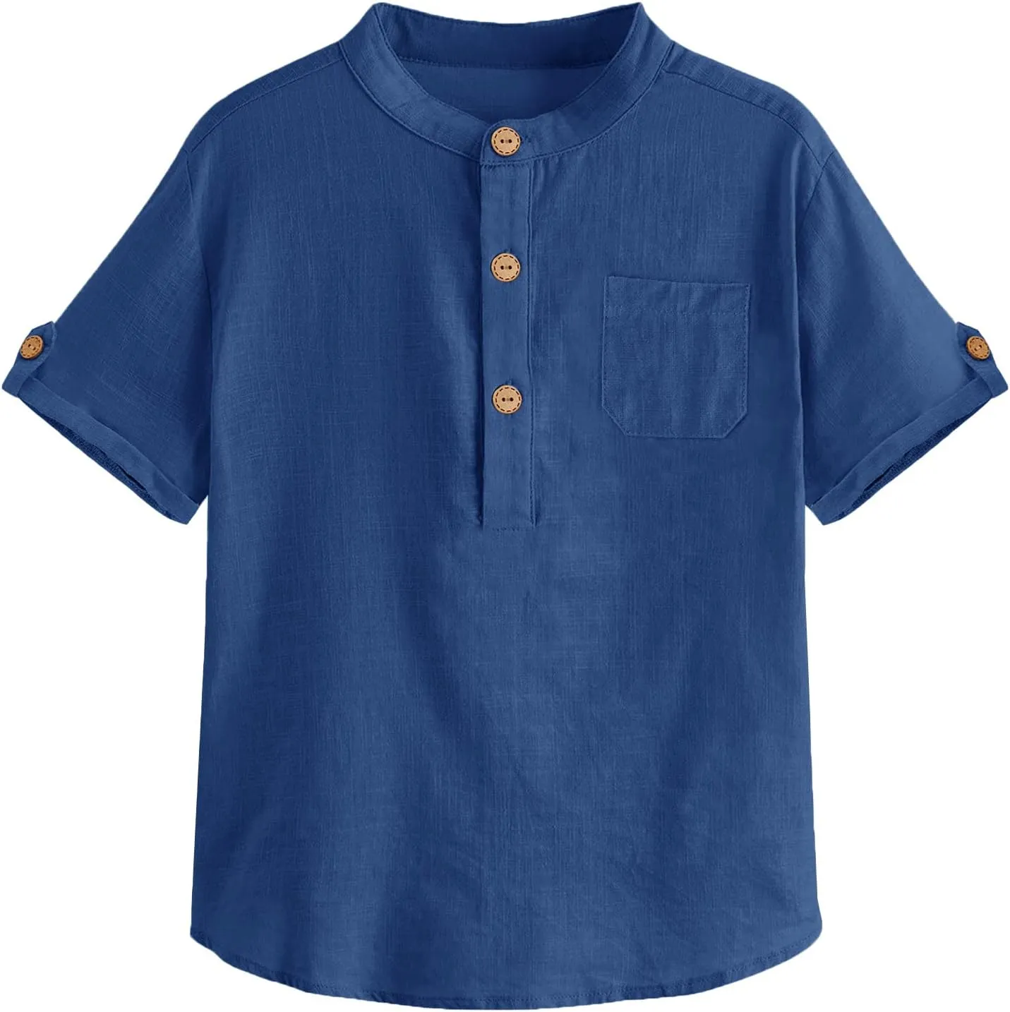 Boys Short Sleeve Henley Shirt Button Up Linen Cotton Dress Shirts Tees Tops with One Pocket