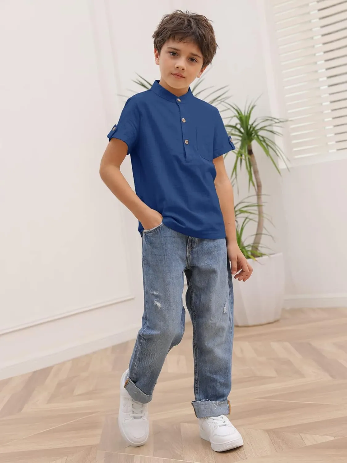 Boys Short Sleeve Henley Shirt Button Up Linen Cotton Dress Shirts Tees Tops with One Pocket