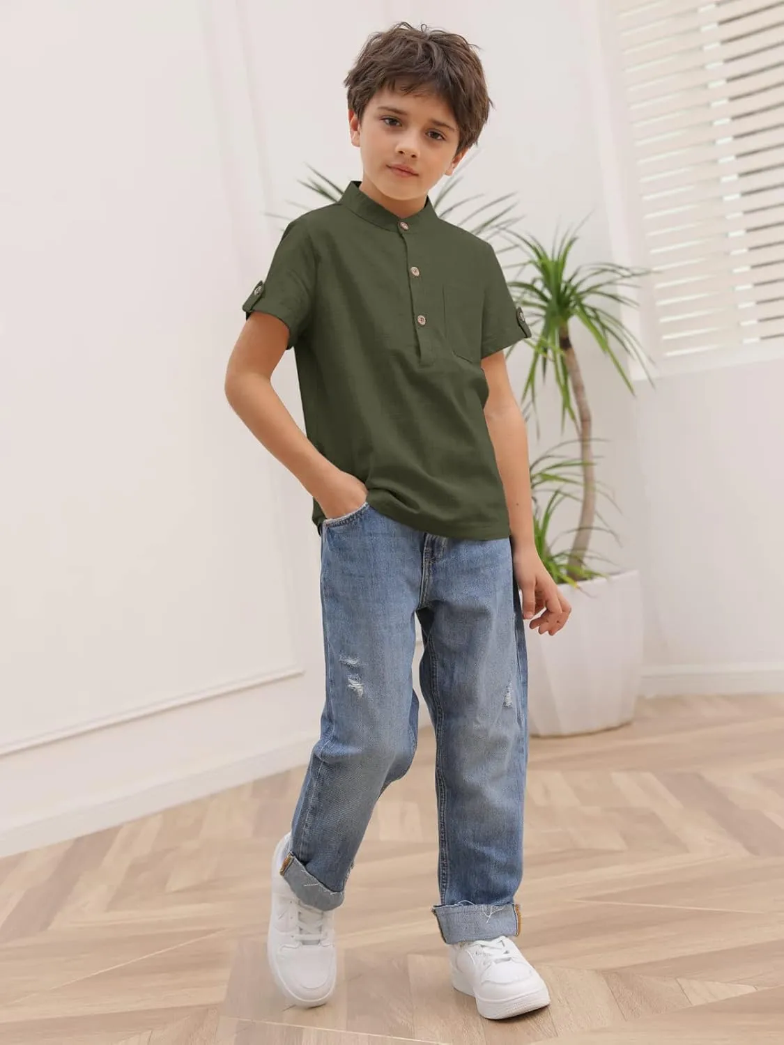 Boys Short Sleeve Henley Shirt Button Up Linen Cotton Dress Shirts Tees Tops with One Pocket
