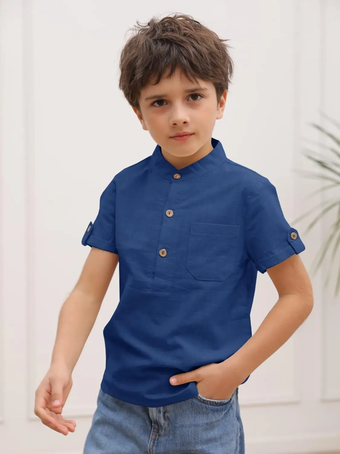 Boys Short Sleeve Henley Shirt Button Up Linen Cotton Dress Shirts Tees Tops with One Pocket