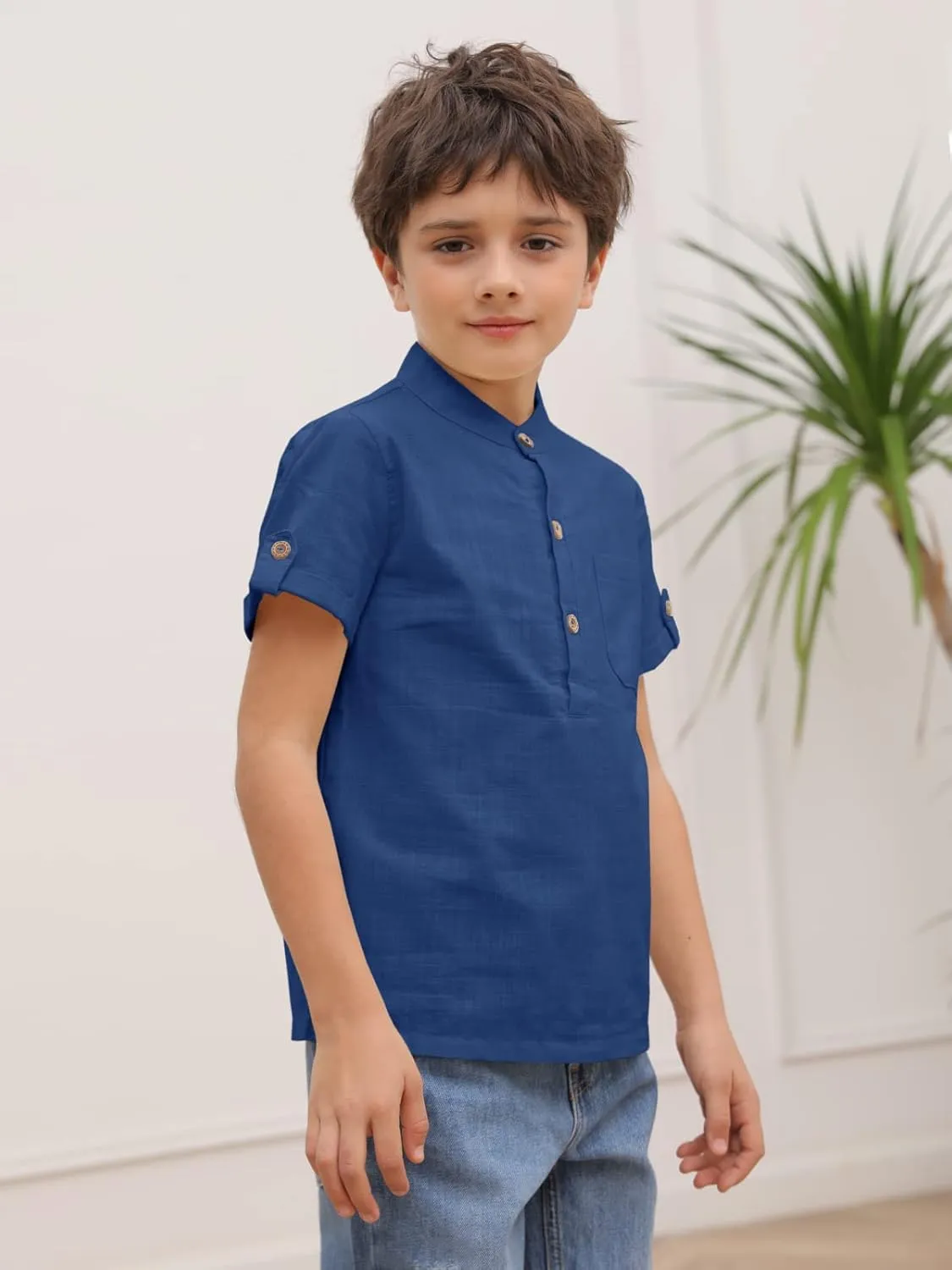 Boys Short Sleeve Henley Shirt Button Up Linen Cotton Dress Shirts Tees Tops with One Pocket
