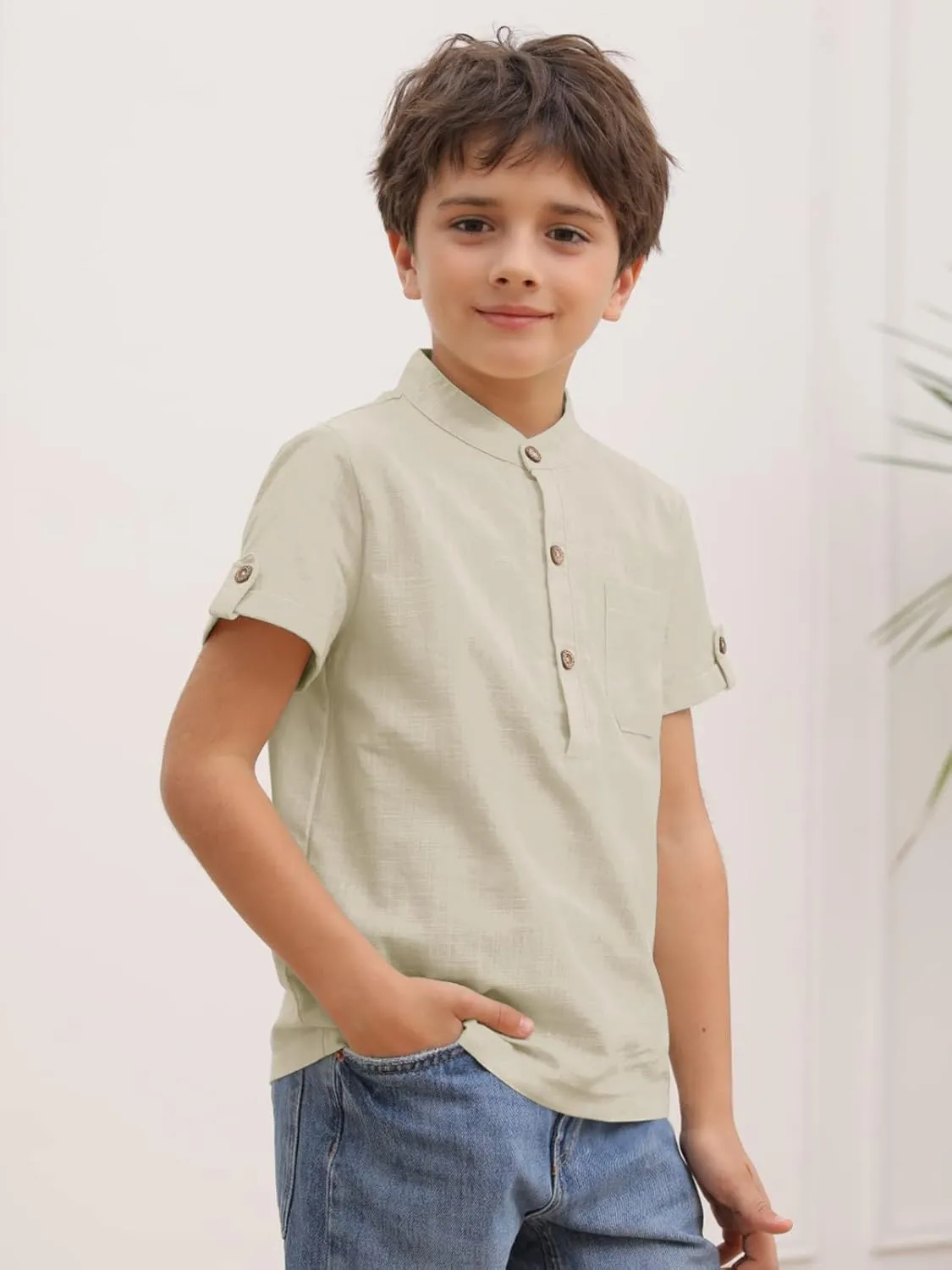 Boys Short Sleeve Henley Shirt Button Up Linen Cotton Dress Shirts Tees Tops with One Pocket