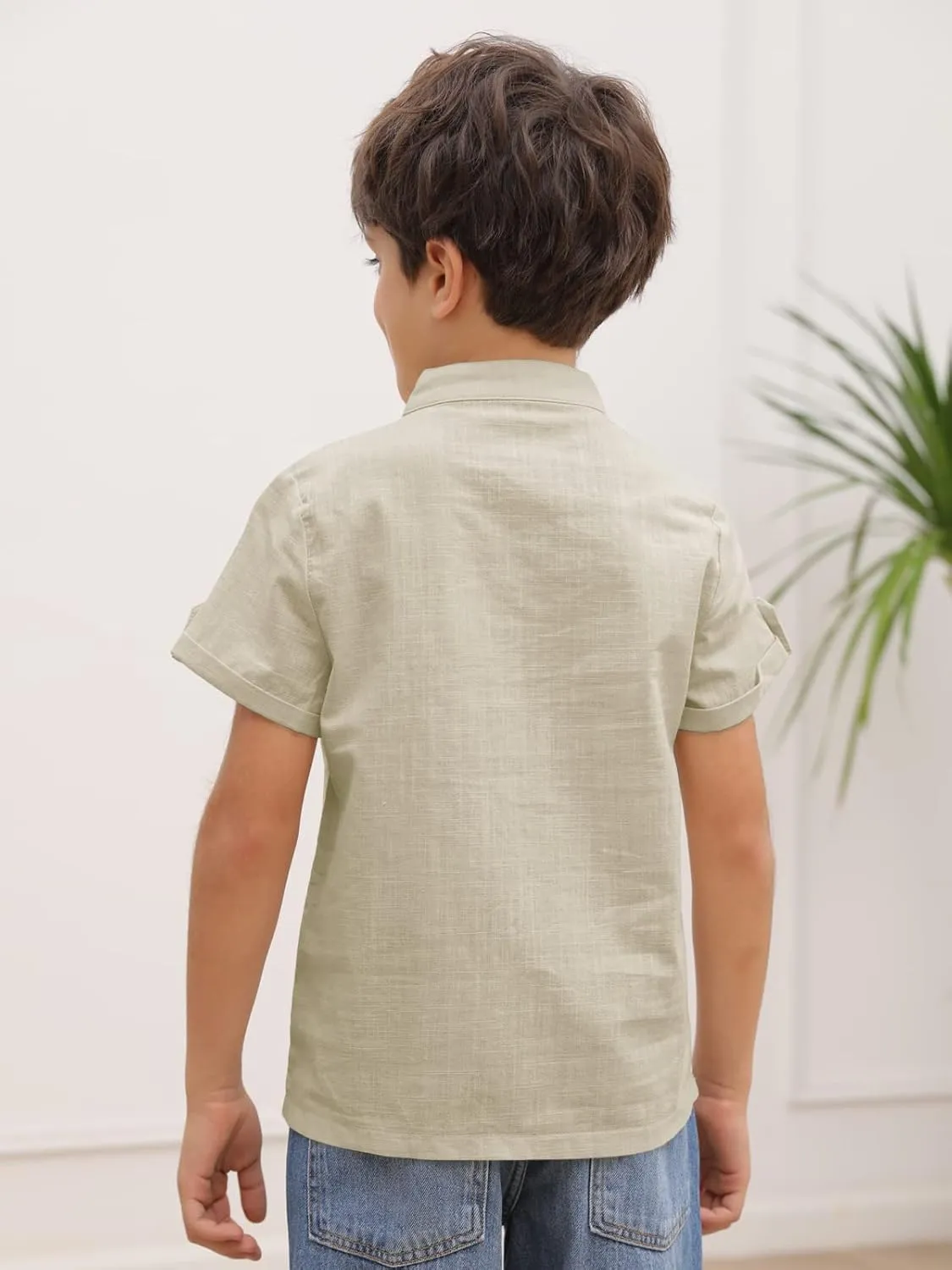 Boys Short Sleeve Henley Shirt Button Up Linen Cotton Dress Shirts Tees Tops with One Pocket