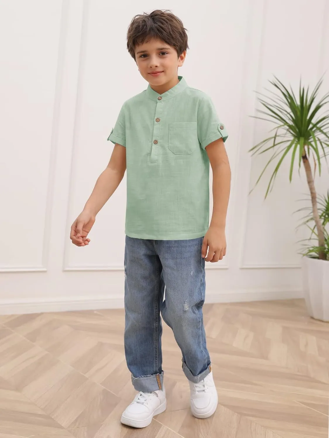 Boys Short Sleeve Henley Shirt Button Up Linen Cotton Dress Shirts Tees Tops with One Pocket