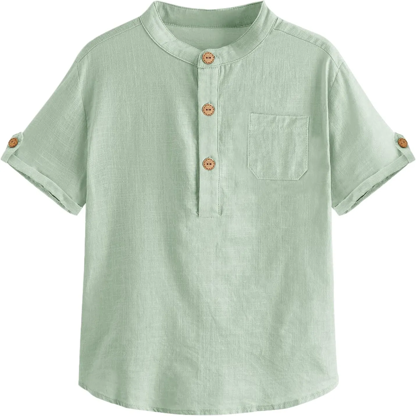 Boys Short Sleeve Henley Shirt Button Up Linen Cotton Dress Shirts Tees Tops with One Pocket