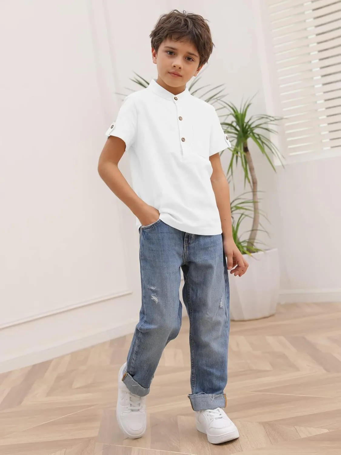 Boys Short Sleeve Henley Shirt Button Up Linen Cotton Dress Shirts Tees Tops with One Pocket