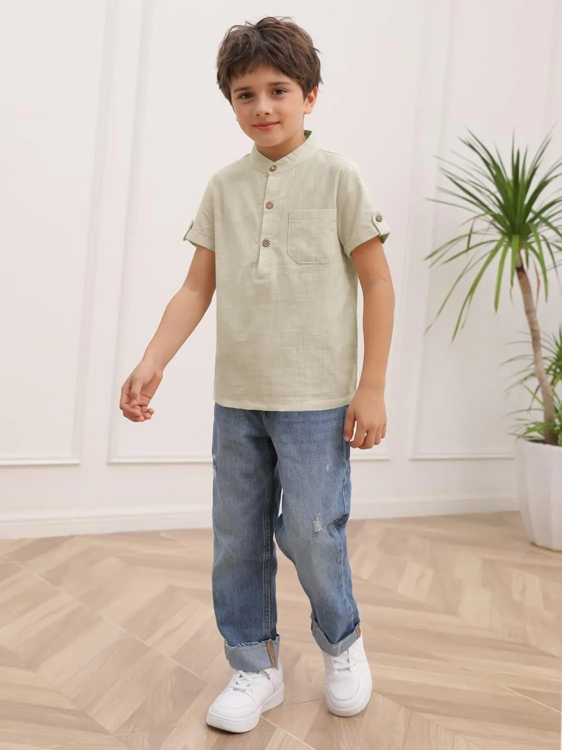 Boys Short Sleeve Henley Shirt Button Up Linen Cotton Dress Shirts Tees Tops with One Pocket