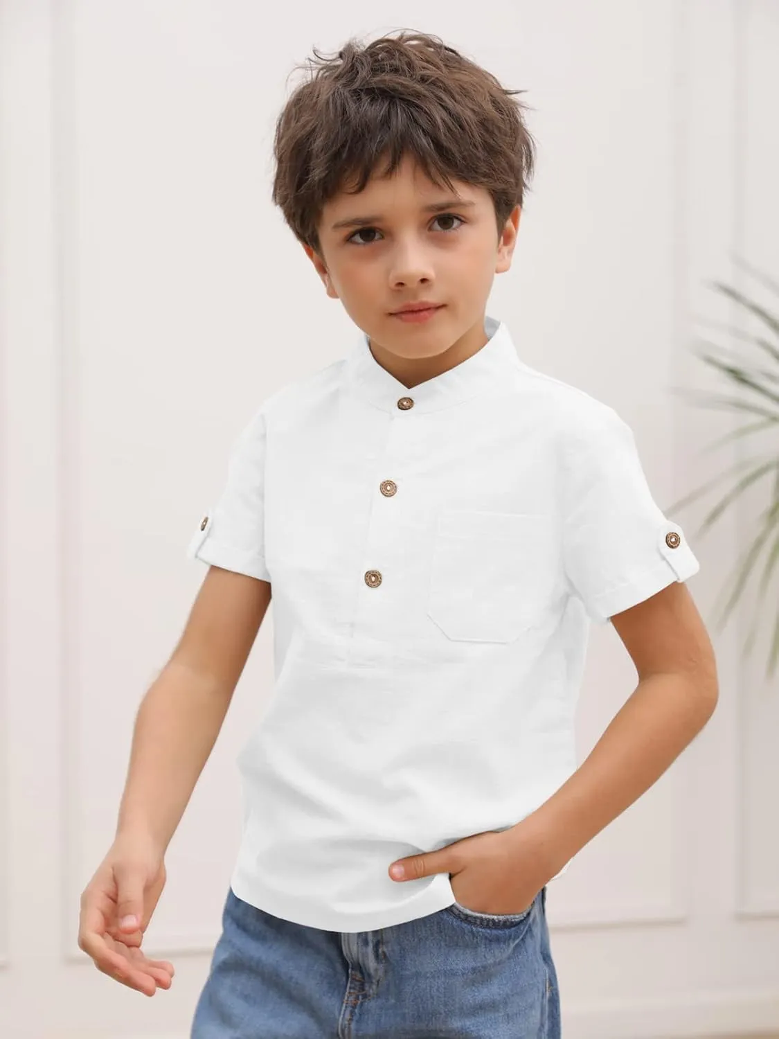 Boys Short Sleeve Henley Shirt Button Up Linen Cotton Dress Shirts Tees Tops with One Pocket