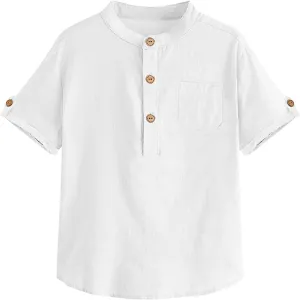 Boys Short Sleeve Henley Shirt Button Up Linen Cotton Dress Shirts Tees Tops with One Pocket