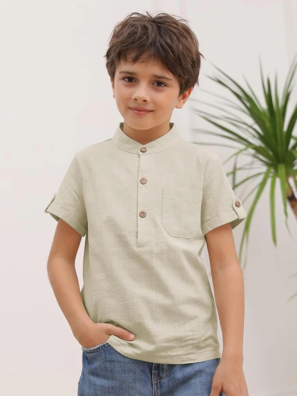 Boys Short Sleeve Henley Shirt Button Up Linen Cotton Dress Shirts Tees Tops with One Pocket