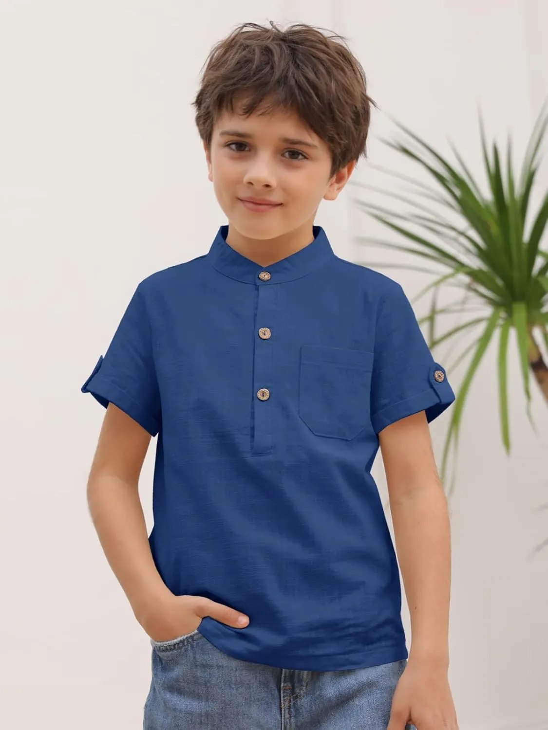 Boys Short Sleeve Henley Shirt Button Up Linen Cotton Dress Shirts Tees Tops with One Pocket