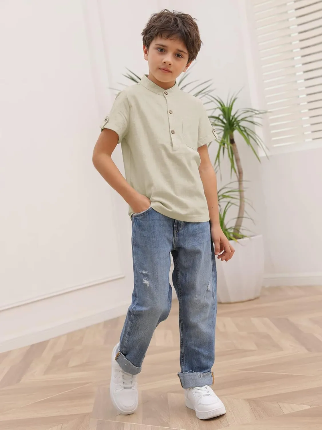 Boys Short Sleeve Henley Shirt Button Up Linen Cotton Dress Shirts Tees Tops with One Pocket