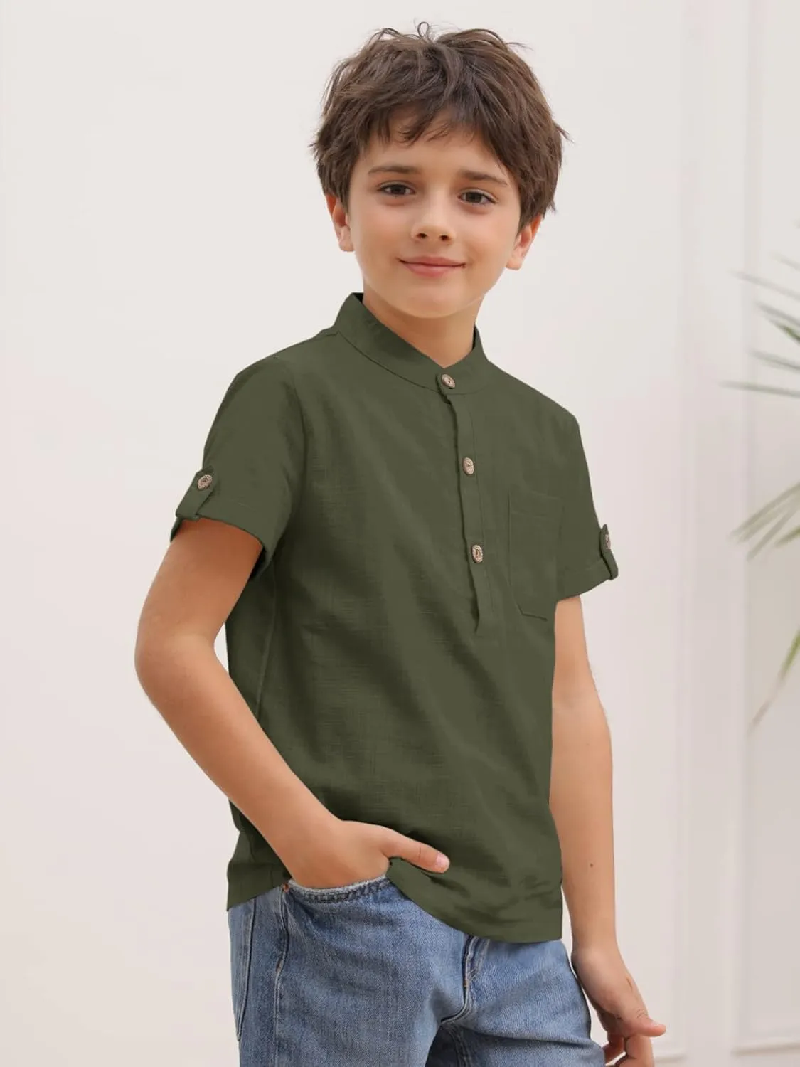 Boys Short Sleeve Henley Shirt Button Up Linen Cotton Dress Shirts Tees Tops with One Pocket