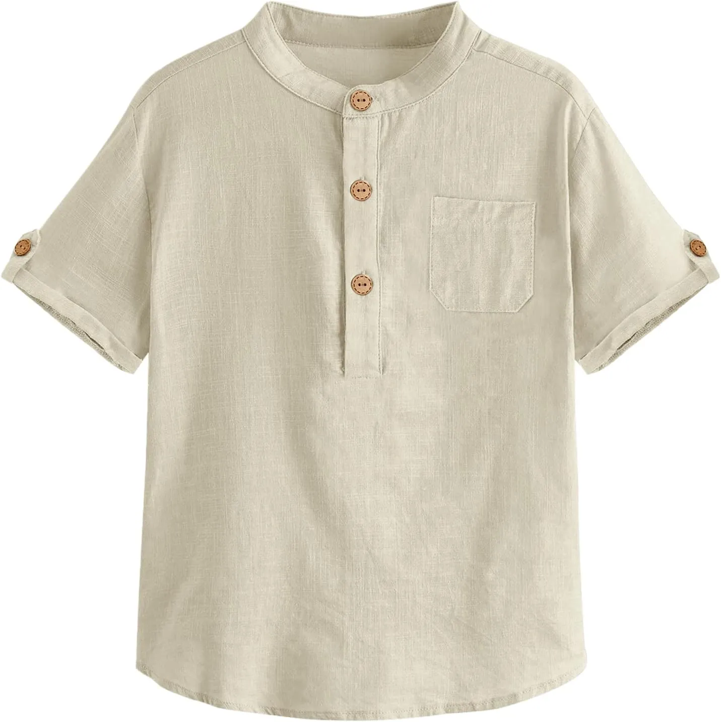 Boys Short Sleeve Henley Shirt Button Up Linen Cotton Dress Shirts Tees Tops with One Pocket