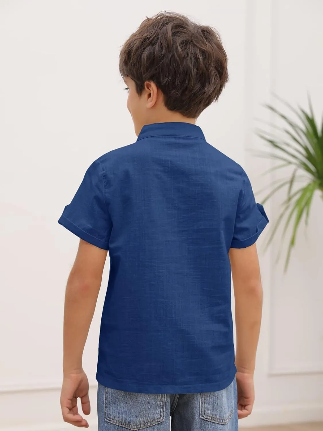 Boys Short Sleeve Henley Shirt Button Up Linen Cotton Dress Shirts Tees Tops with One Pocket