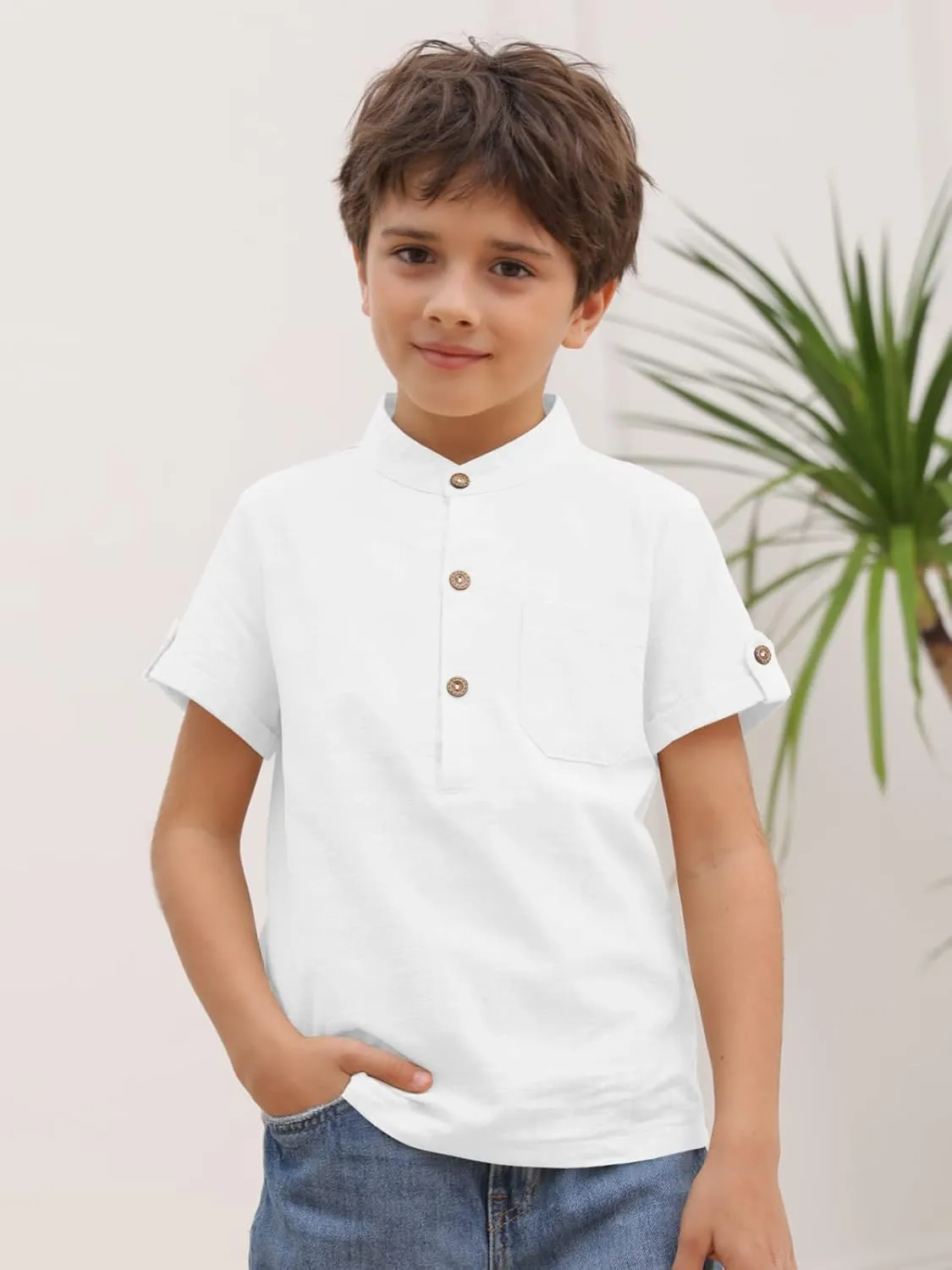 Boys Short Sleeve Henley Shirt Button Up Linen Cotton Dress Shirts Tees Tops with One Pocket