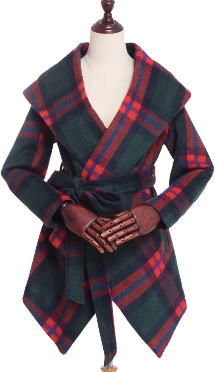 BPURB Women's Turn Down Collar Grid Coat Belted Wool Blend Coat Asymmetric Hem Wrap Coat