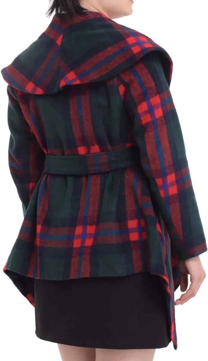 BPURB Women's Turn Down Collar Grid Coat Belted Wool Blend Coat Asymmetric Hem Wrap Coat