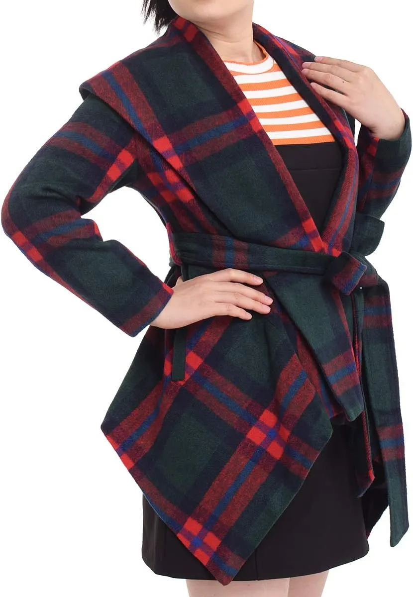 BPURB Women's Turn Down Collar Grid Coat Belted Wool Blend Coat Asymmetric Hem Wrap Coat