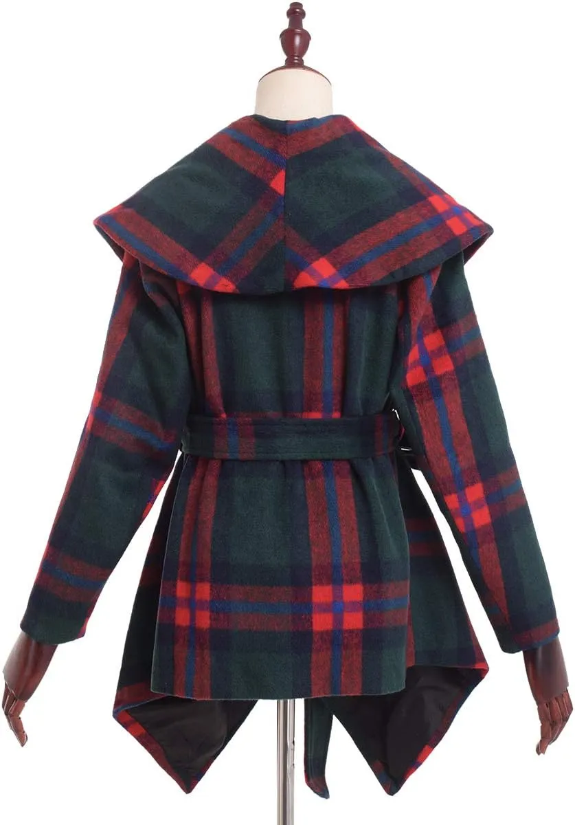 BPURB Women's Turn Down Collar Grid Coat Belted Wool Blend Coat Asymmetric Hem Wrap Coat