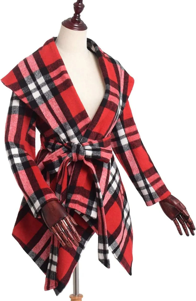 BPURB Women's Turn Down Collar Grid Coat Belted Wool Blend Coat Asymmetric Hem Wrap Coat