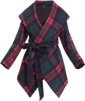 BPURB Women's Turn Down Collar Grid Coat Belted Wool Blend Coat Asymmetric Hem Wrap Coat