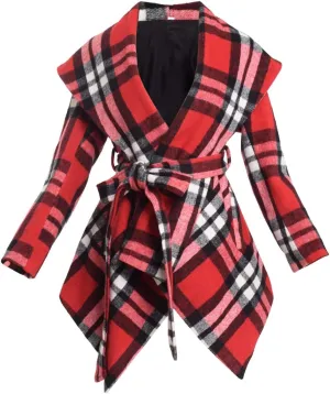 BPURB Women's Turn Down Collar Grid Coat Belted Wool Blend Coat Asymmetric Hem Wrap Coat