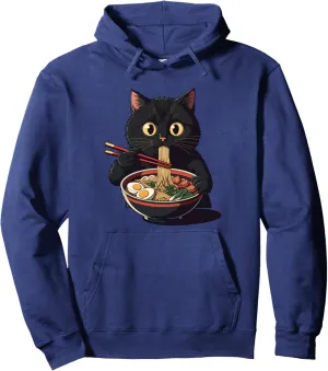 Cat Ramen Graphic Tee Japanese Kawaii Anime Cat Eating Ramen Pullover Hoodie