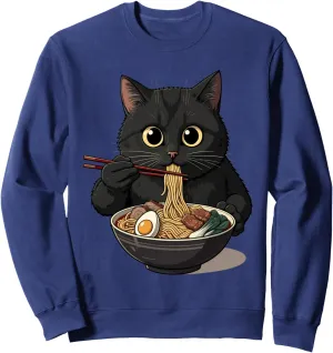 Cat Ramen Graphic Tee Japanese Kawaii Anime Cat Eating Ramen Sweatshirt