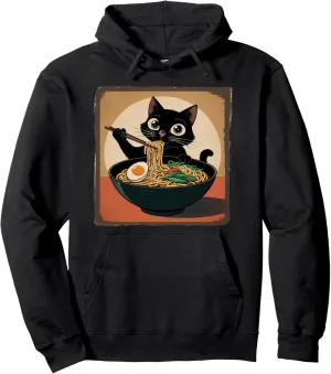 Cat Ramen Graphic Tee Japanese Kawaii Anime Cat Ramen Funny Pullover Hoodie
