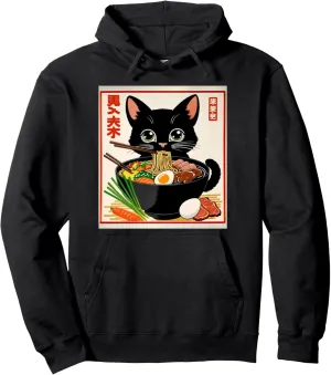 Cat Ramen Graphic Tee Japanese Kawaii Anime Funny Cat Pullover Hoodie