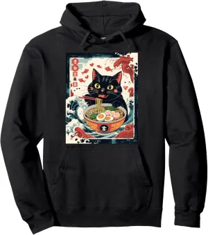 Cat Ramen Japanese Funny Graphic Tees Kawaii Cat Anime Gifts Pullover Hoodie
