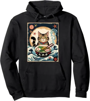 Cat Ramen Japanese Funny Graphic Tees Kawaii Cat Anime Gifts Pullover Hoodie
