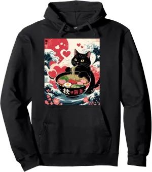Cat Ramen Japanese Funny Graphic Tees Kawaii Cat Anime Gifts Pullover Hoodie