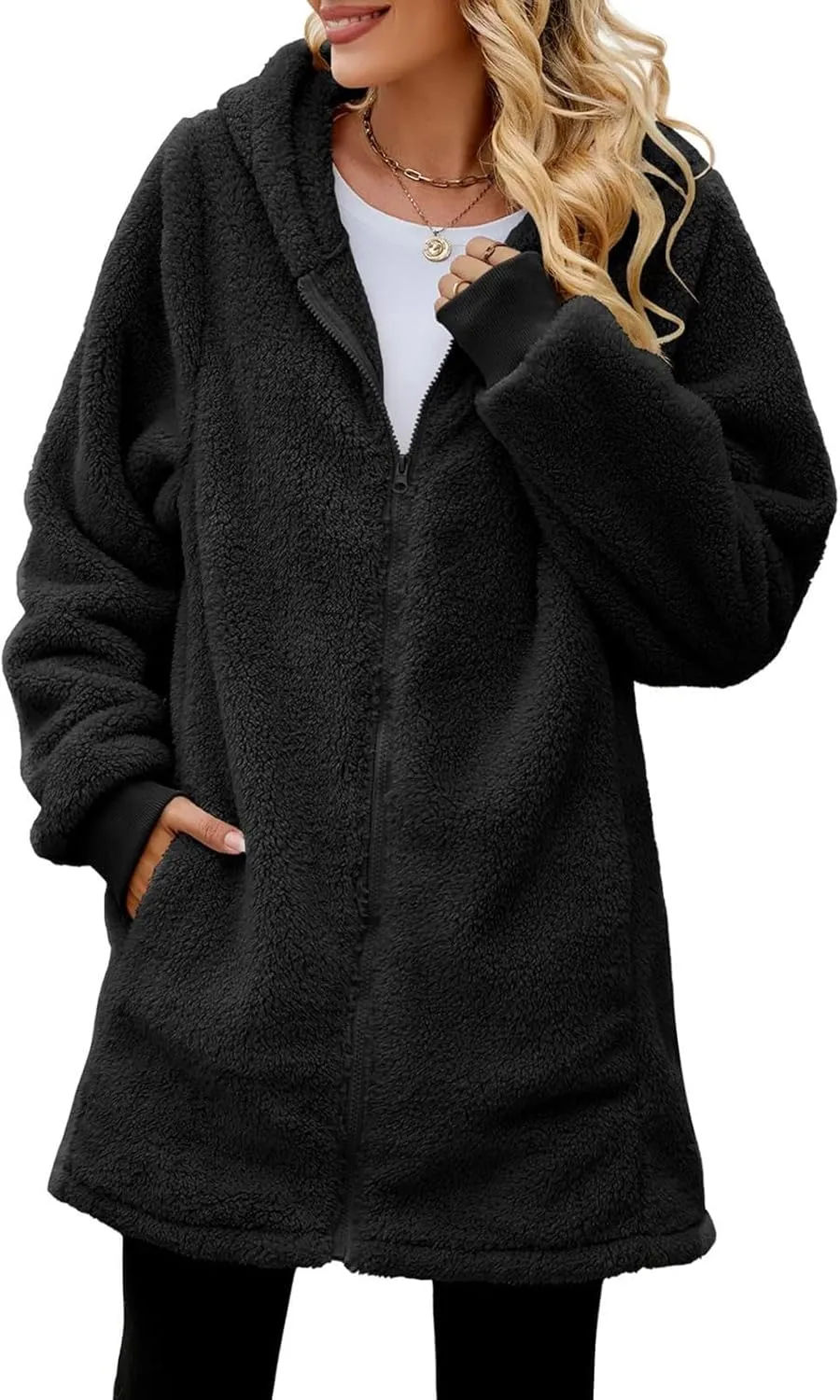 Ceboyel Women Fleece Teddy Winter Coats Faux Fur Hooded Long Jackets Fuzzy Shearling Cardigan Trendy Fall Winter Outfits 2023