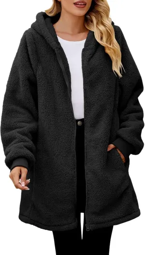 Ceboyel Women Fleece Teddy Winter Coats Faux Fur Hooded Long Jackets Fuzzy Shearling Cardigan Trendy Fall Winter Outfits 2023