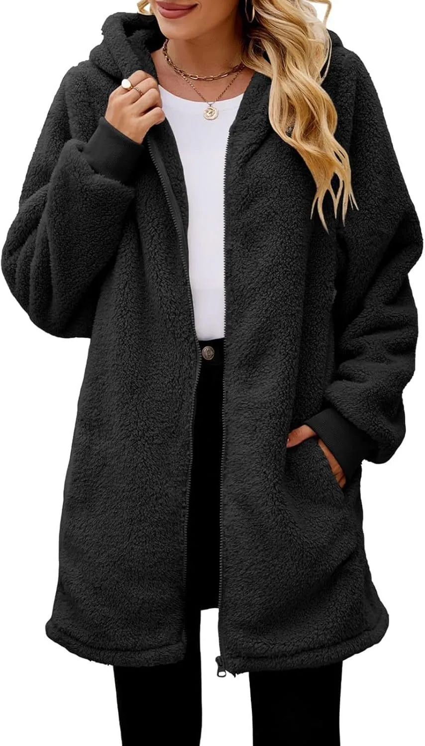 Ceboyel Women Fleece Teddy Winter Coats Faux Fur Hooded Long Jackets Fuzzy Shearling Cardigan Trendy Fall Winter Outfits 2023